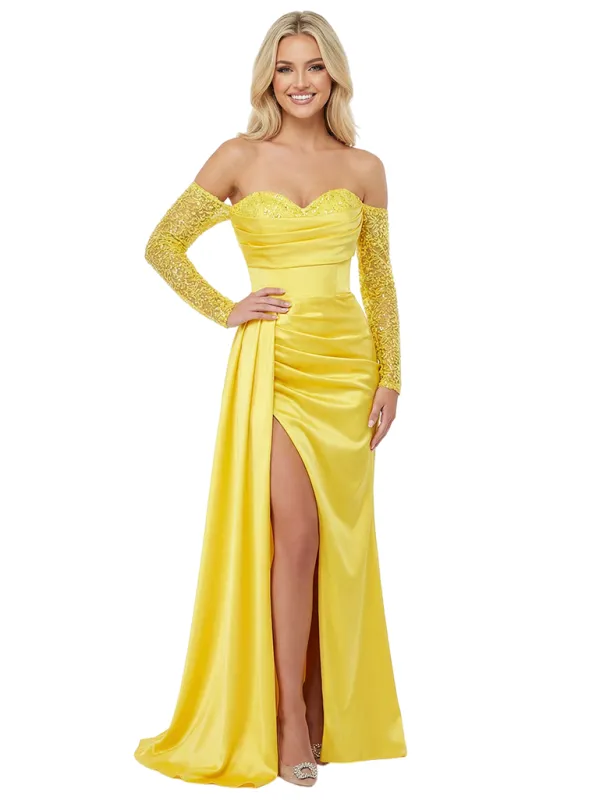 Elegant Sweetheart Off Shoulder Long Sleeves Ruched Satin Mermaid Prom Dress Side Slit sold by ChicSew