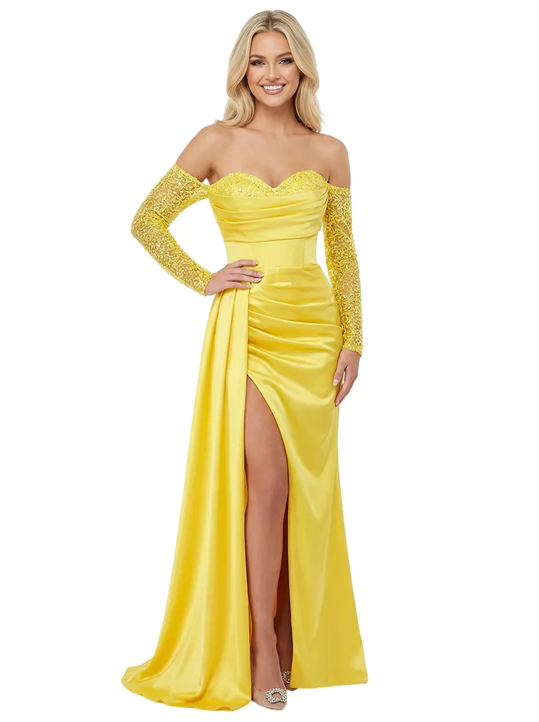 Elegant Sweetheart Off Shoulder Long Sleeves Ruched Satin Mermaid Prom Dress Side Slit sold by ChicSew