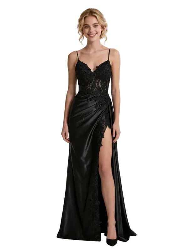 Modern Spaghetti Straps V-Neck Side Slit Satin Lace Corset Mermaid Prom Dresses sold by ChicSew