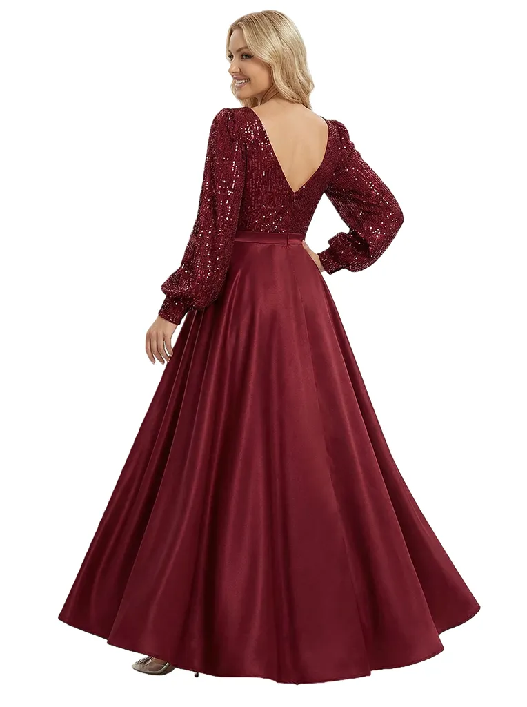 Chic V-Neck Long Sleeves Sequin Top Prom Gown Satin A-Line Maxi Dresses sold by ChicSew product image thumbnail 3