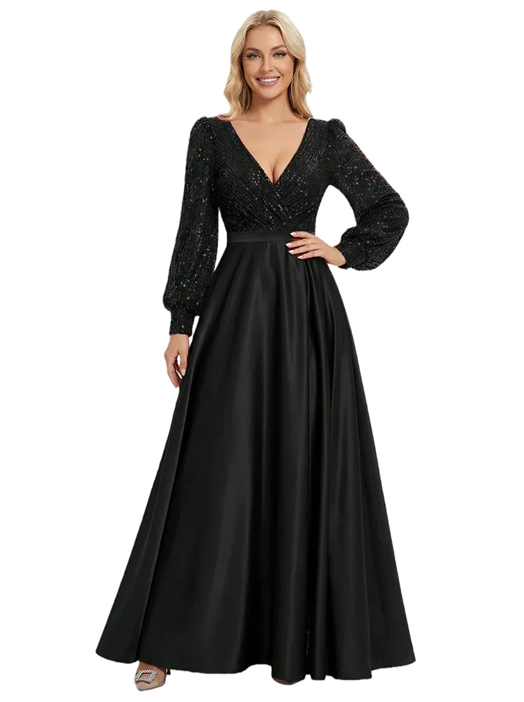 Chic V-Neck Long Sleeves Sequin Top Prom Gown Satin A-Line Maxi Dresses sold by ChicSew product image thumbnail 4