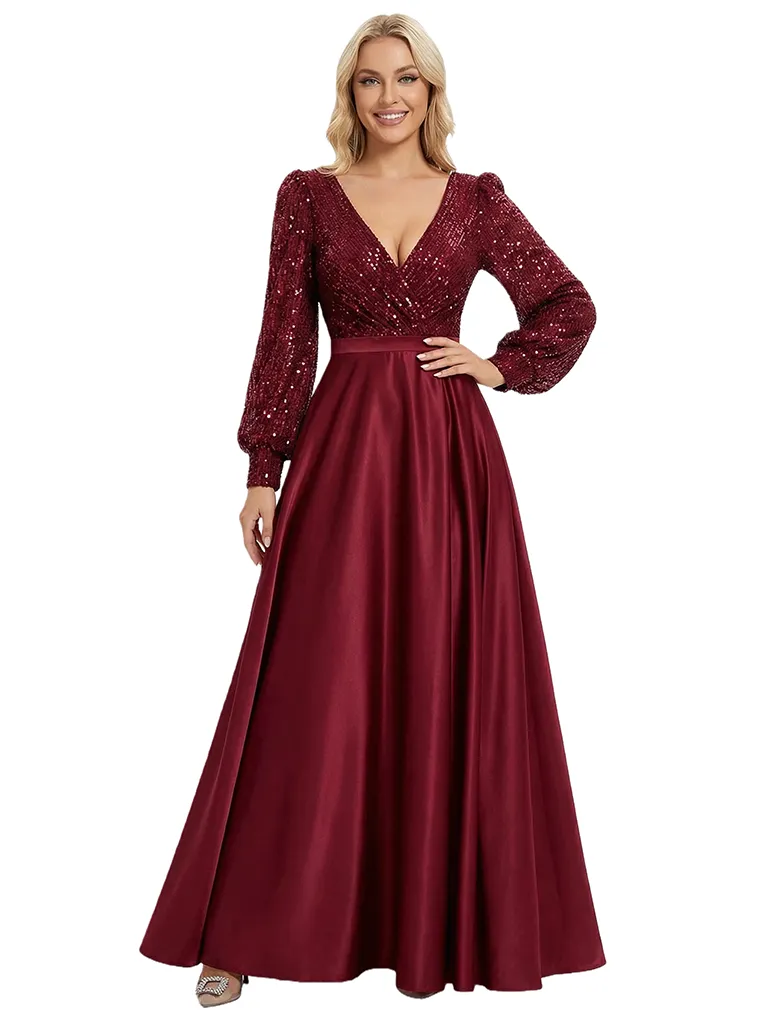Chic V-Neck Long Sleeves Sequin Top Prom Gown Satin A-Line Maxi Dresses sold by ChicSew