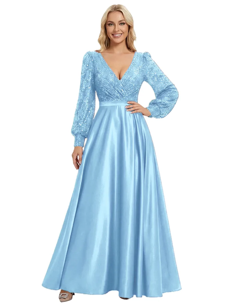Chic V-Neck Long Sleeves Sequin Top Prom Gown Satin A-Line Maxi Dresses sold by ChicSew product image thumbnail 5