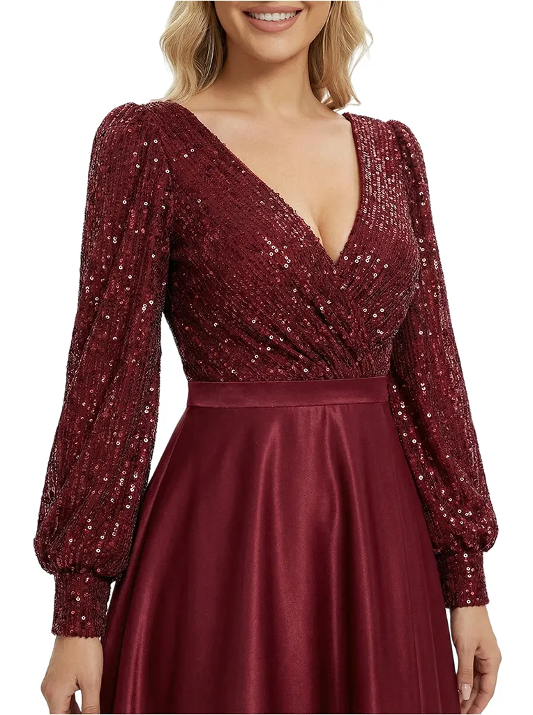 Chic V-Neck Long Sleeves Sequin Top Prom Gown Satin A-Line Maxi Dresses sold by ChicSew product image thumbnail 2