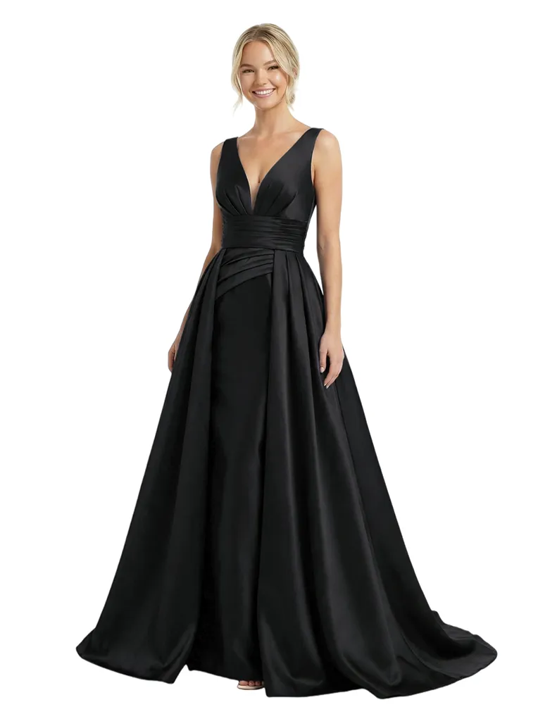 Timeless V-Neck Satin Ruched A-Line Prom Dress With Detachable Overskirt sold by ChicSew product image thumbnail 4