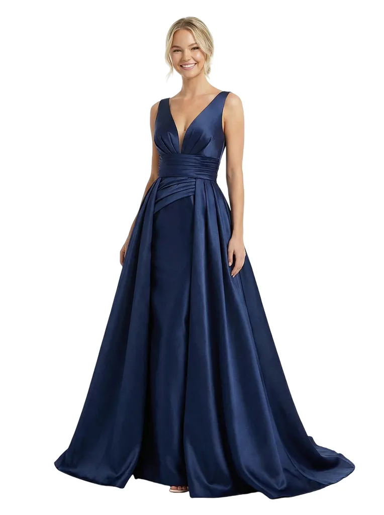 Timeless V-Neck Satin Ruched A-Line Prom Dress With Detachable Overskirt sold by ChicSew
