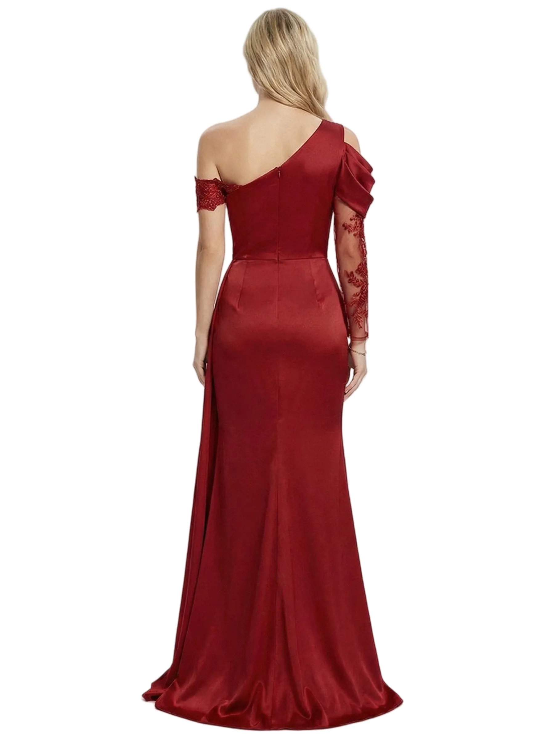 Classy Mermaid Side Slit Asymmetrical Lace Long Sleeve Ruched Satin Prom Gown With Side Drape sold by ChicSew product image thumbnail 3