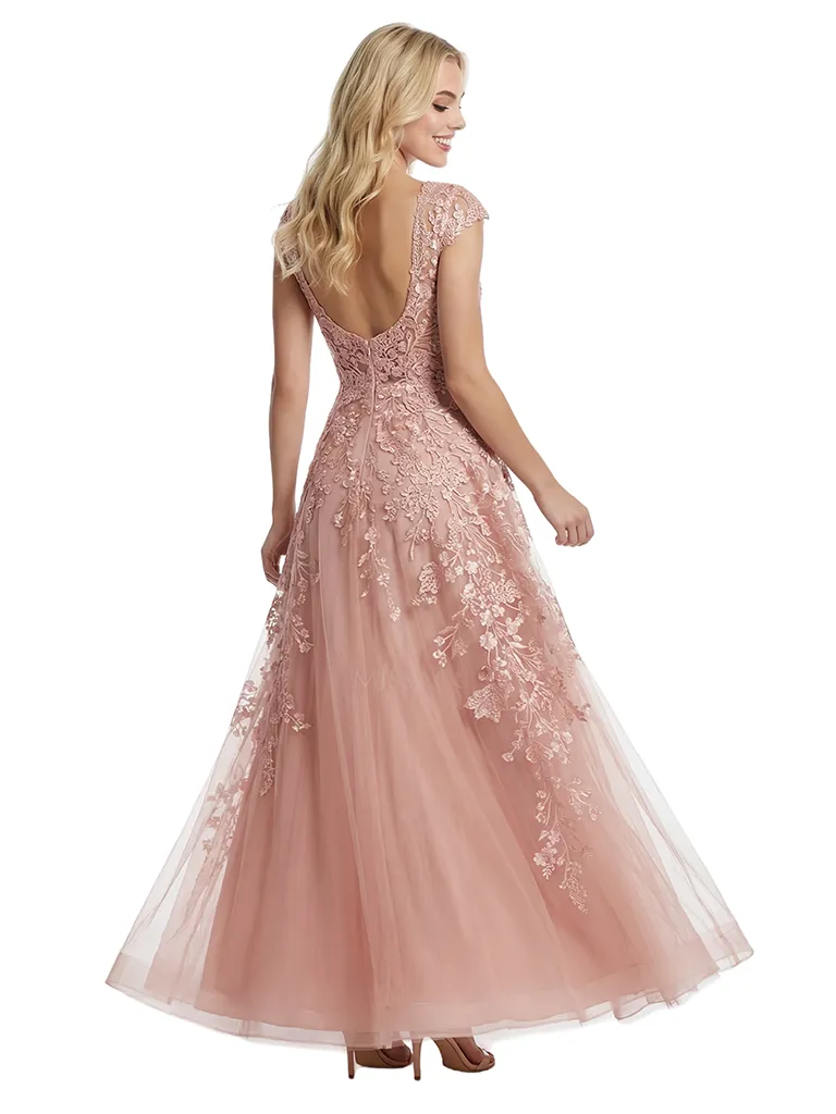 Pretty Cap Sleeve Evening Gown Floral Lace Tulle A-Line Silhouette Floor Length Prom Dress sold by ChicSew product image thumbnail 3