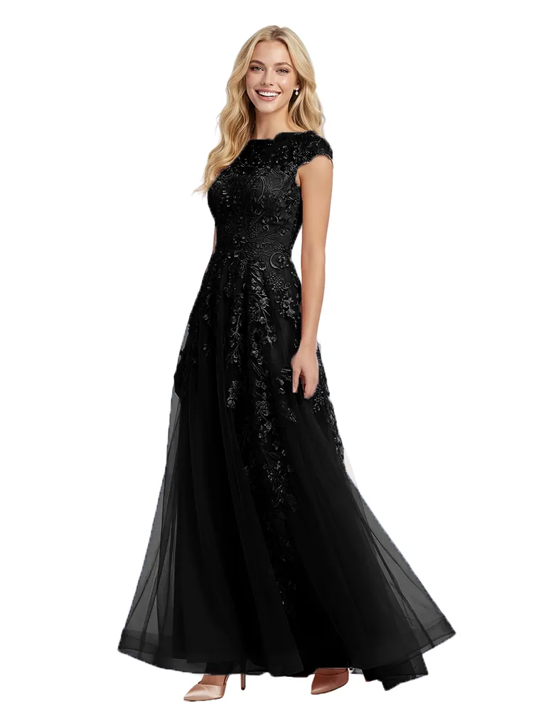 Pretty Cap Sleeve Evening Gown Floral Lace Tulle A-Line Silhouette Floor Length Prom Dress sold by ChicSew product image thumbnail 4