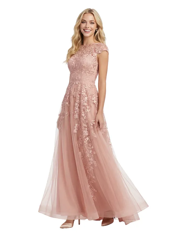 Pretty Cap Sleeve Evening Gown Floral Lace Tulle A-Line Silhouette Floor Length Prom Dress sold by ChicSew