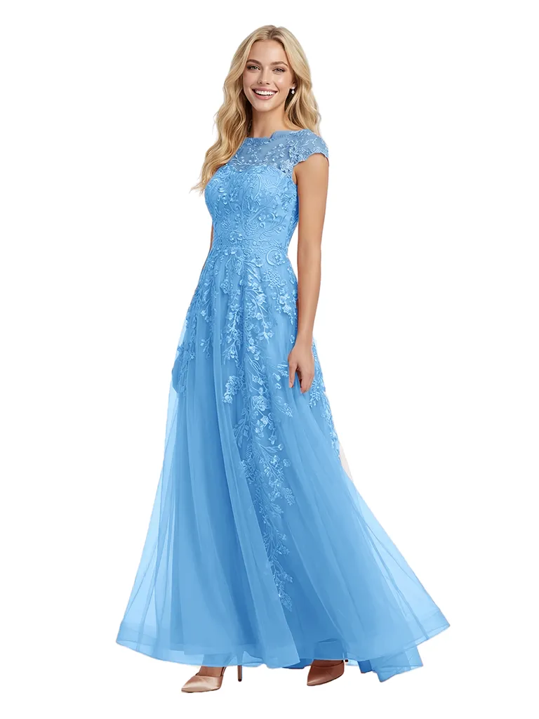 Pretty Cap Sleeve Evening Gown Floral Lace Tulle A-Line Silhouette Floor Length Prom Dress sold by ChicSew product image thumbnail 5