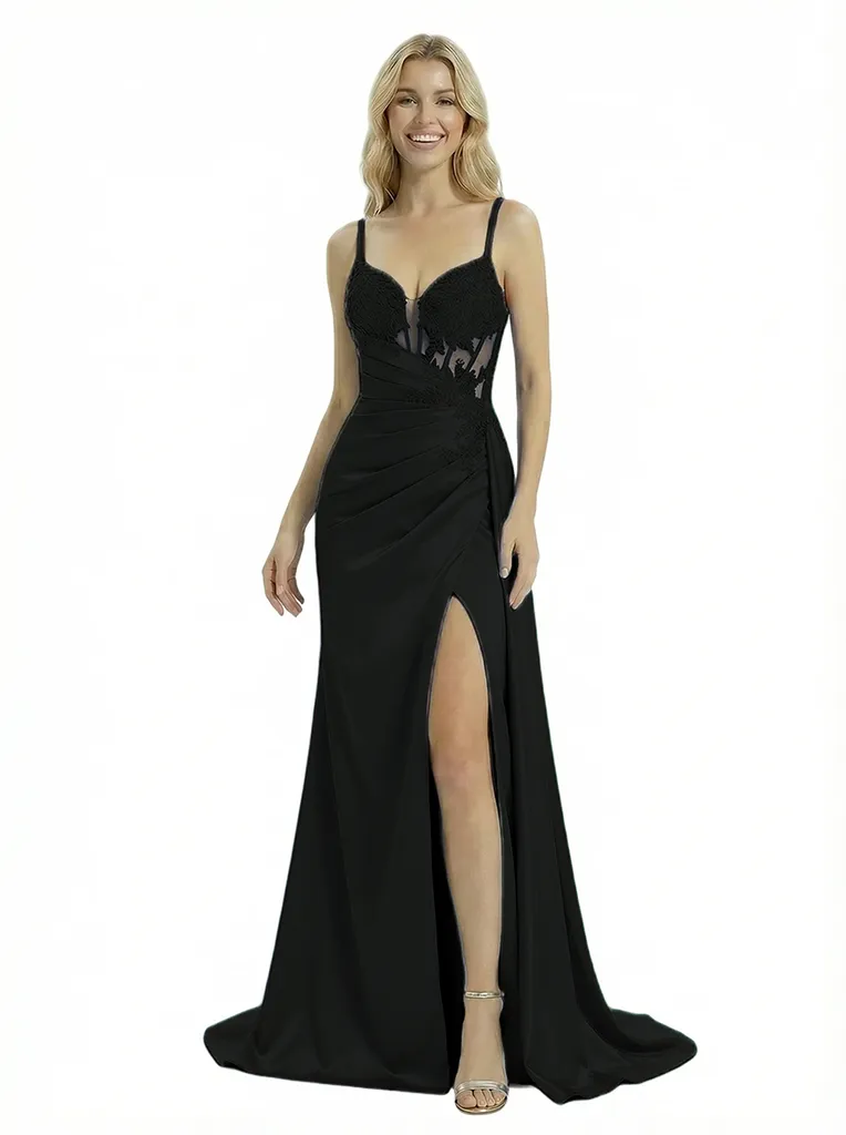 Elegant Sleeveless Spaghetti Strap V-Neck Mermaid Lace Satin Modern Prom Dress Side Drape sold by ChicSew product image thumbnail 4