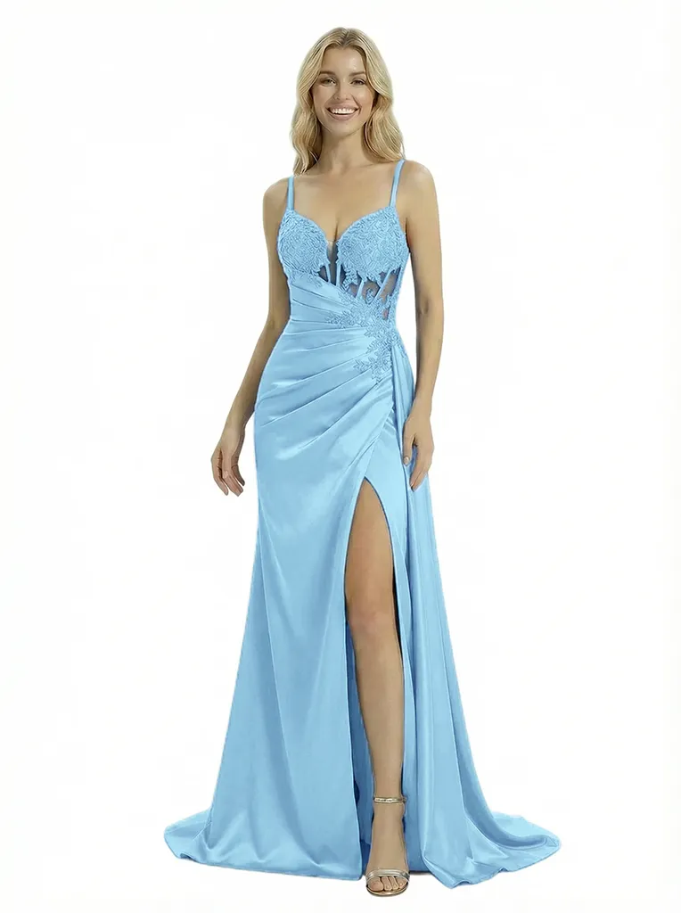 Elegant Sleeveless Spaghetti Strap V-Neck Mermaid Lace Satin Modern Prom Dress Side Drape sold by ChicSew product image thumbnail 5