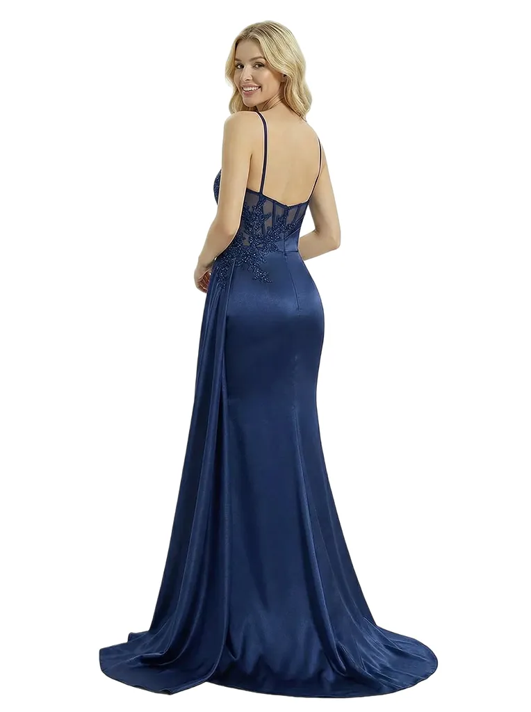 Elegant Sleeveless Spaghetti Strap V-Neck Mermaid Lace Satin Modern Prom Dress Side Drape sold by ChicSew product image thumbnail 3