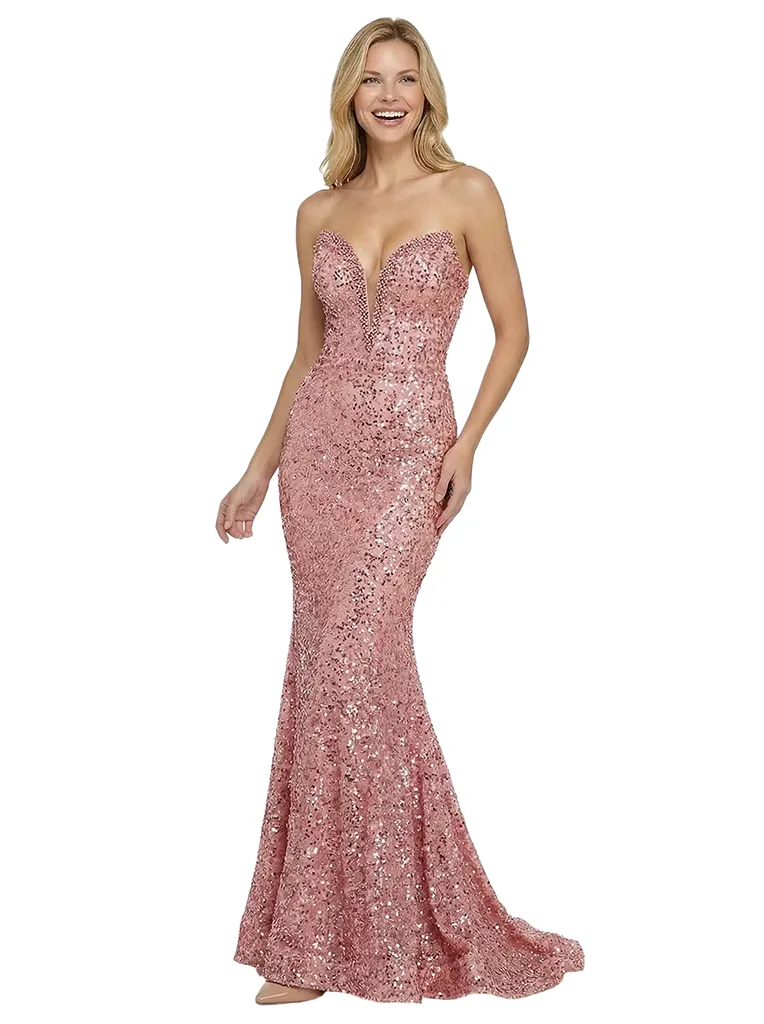 Modern Strapless Sleeveless V-Neck Sequin Prom Dress Mermaid Floor Length Gown sold by ChicSew