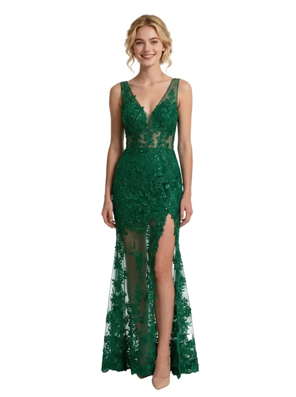 Sexy V-Neck Sleeveless Side Slit Mermaid Prom Dress With 3D Floral Lace Appliques sold by ChicSew