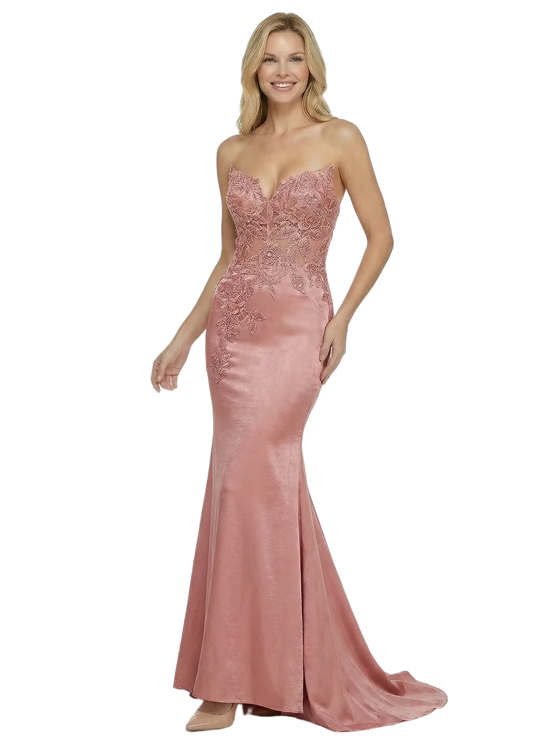 Pretty Strapless Sweetheart Satin Prom Dress With Lace Applique Evening Gown sold by ChicSew