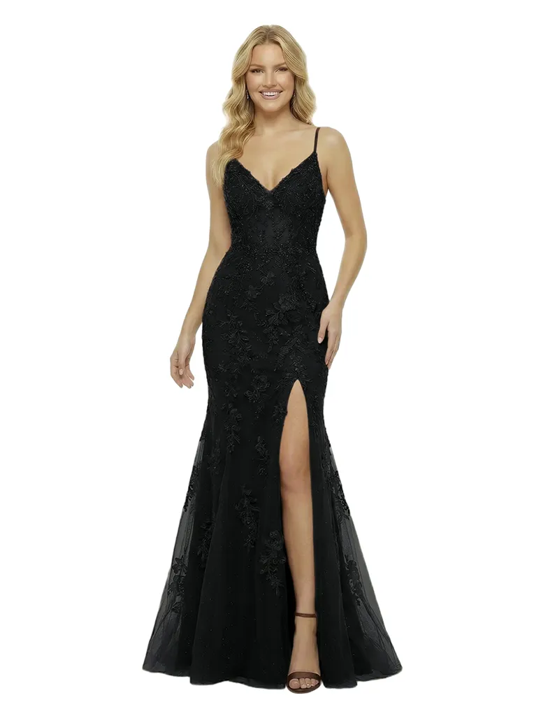 Unique Spaghetti Straps V-Neck Side Slit Mermaid Lace Tulle Formal Prom Dress sold by ChicSew product image thumbnail 4