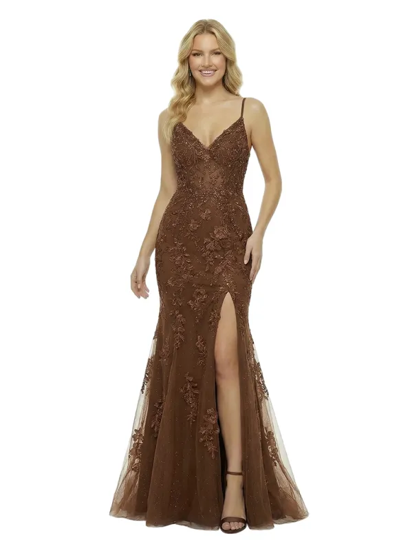 Unique Spaghetti Straps V-Neck Side Slit Mermaid Lace Tulle Formal Prom Dress sold by ChicSew