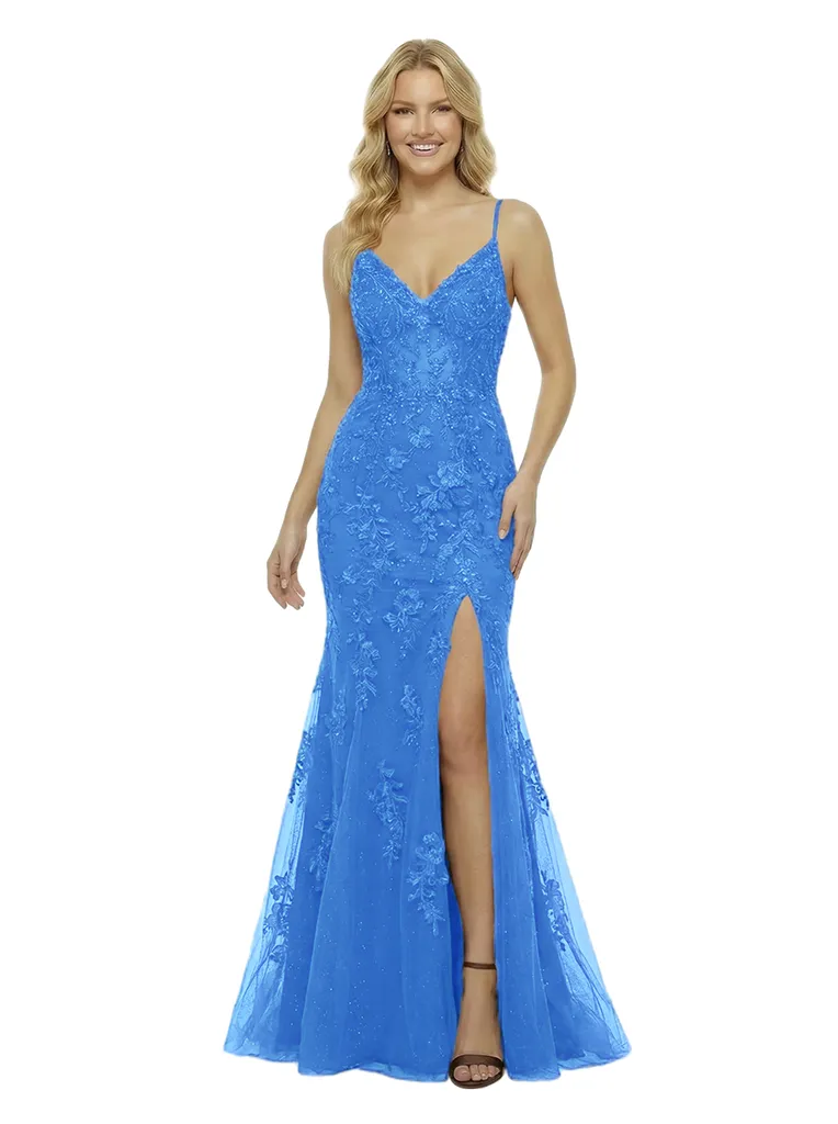 Unique Spaghetti Straps V-Neck Side Slit Mermaid Lace Tulle Formal Prom Dress sold by ChicSew product image thumbnail 5