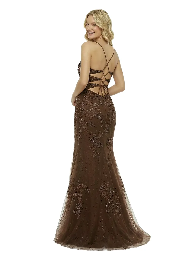 Unique Spaghetti Straps V-Neck Side Slit Mermaid Lace Tulle Formal Prom Dress sold by ChicSew product image thumbnail 3