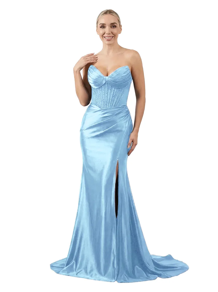 Modern Strapless Satin Prom Dress Side Slit Corset Mermaid Floor Length Prom Gown sold by ChicSew product image thumbnail 5
