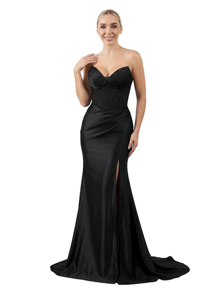 Modern Strapless Satin Prom Dress Side Slit Corset Mermaid Floor Length Prom Gown sold by ChicSew product image thumbnail 4