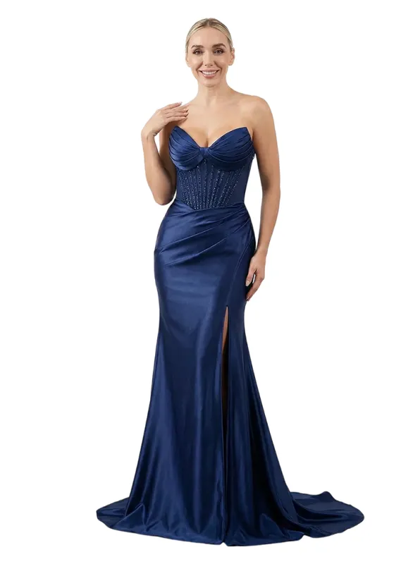 Modern Strapless Satin Prom Dress Side Slit Corset Mermaid Floor Length Prom Gown sold by ChicSew
