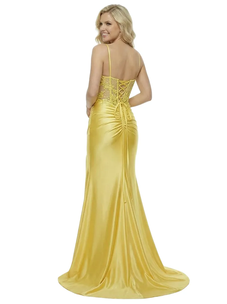 Dreamy Lace Applique Prom Dress Sheer Boned Corset Bodice Satin Side Slit Holiday Gown sold by ChicSew product image thumbnail 2