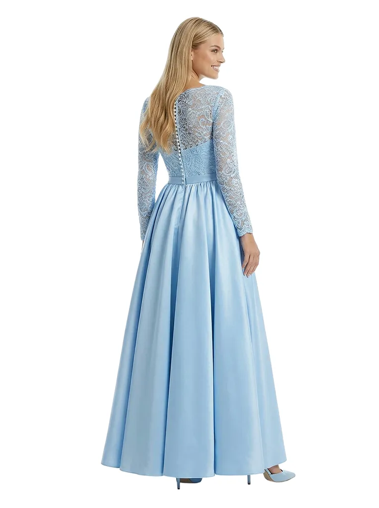 Beautiful V-Neck Lace Long Sleeves Side Slit Ruched A-Line Maxi Prom Gown sold by ChicSew product image thumbnail 3