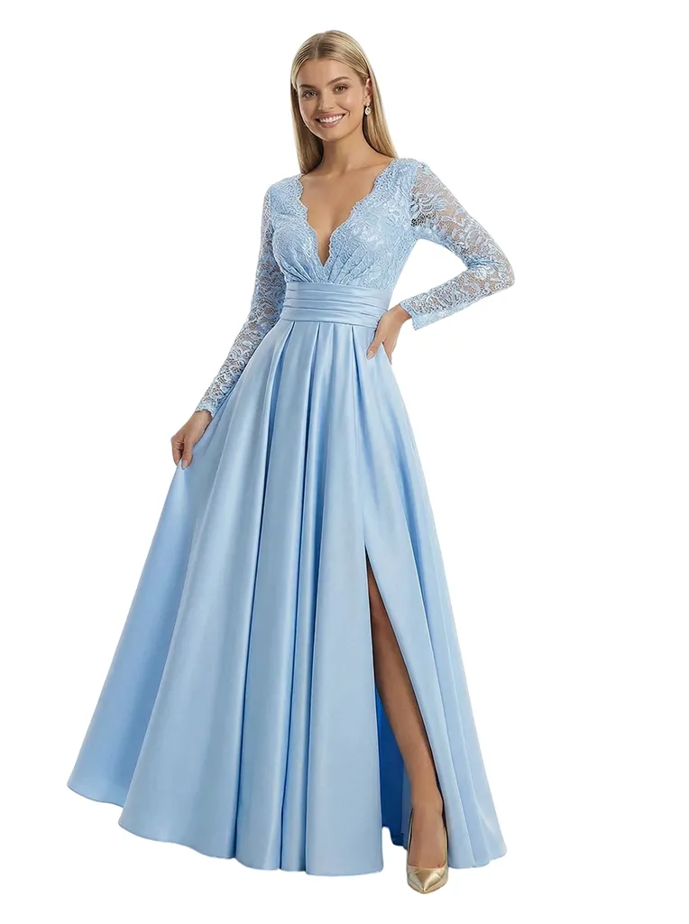 Beautiful V-Neck Lace Long Sleeves Side Slit Ruched A-Line Maxi Prom Gown sold by ChicSew