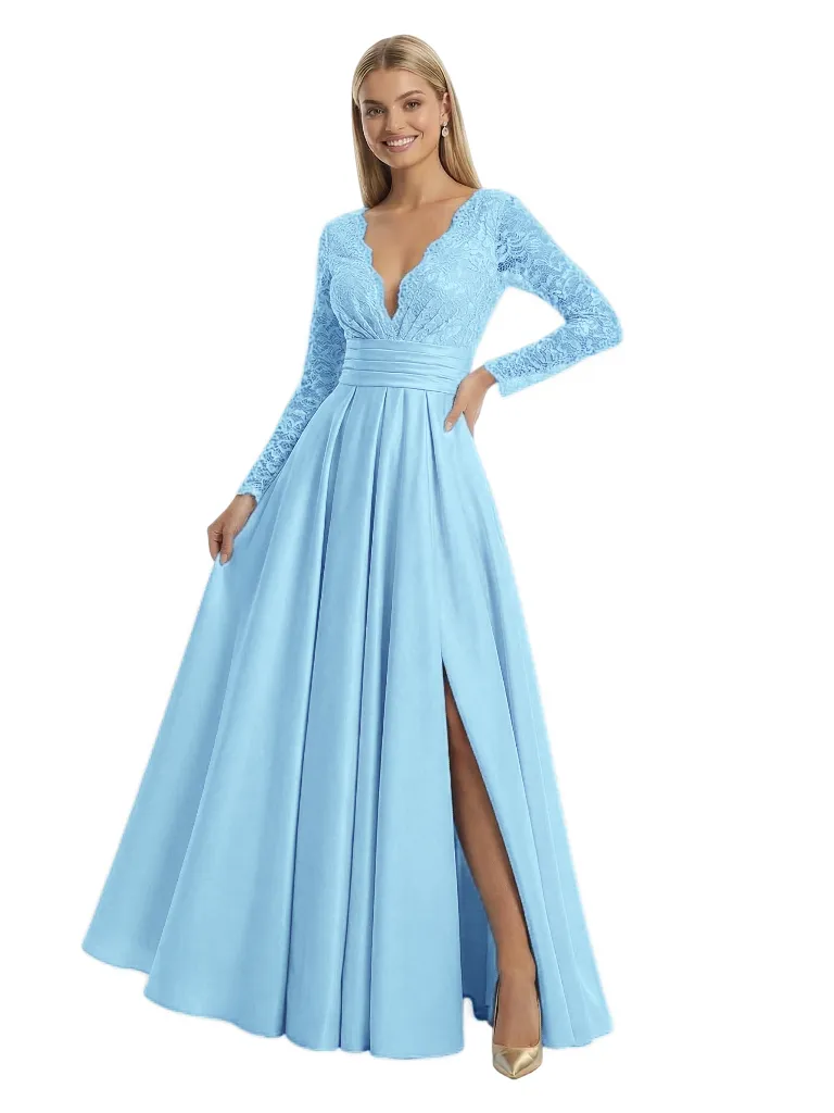 Beautiful V-Neck Lace Long Sleeves Side Slit Ruched A-Line Maxi Prom Gown sold by ChicSew product image thumbnail 5