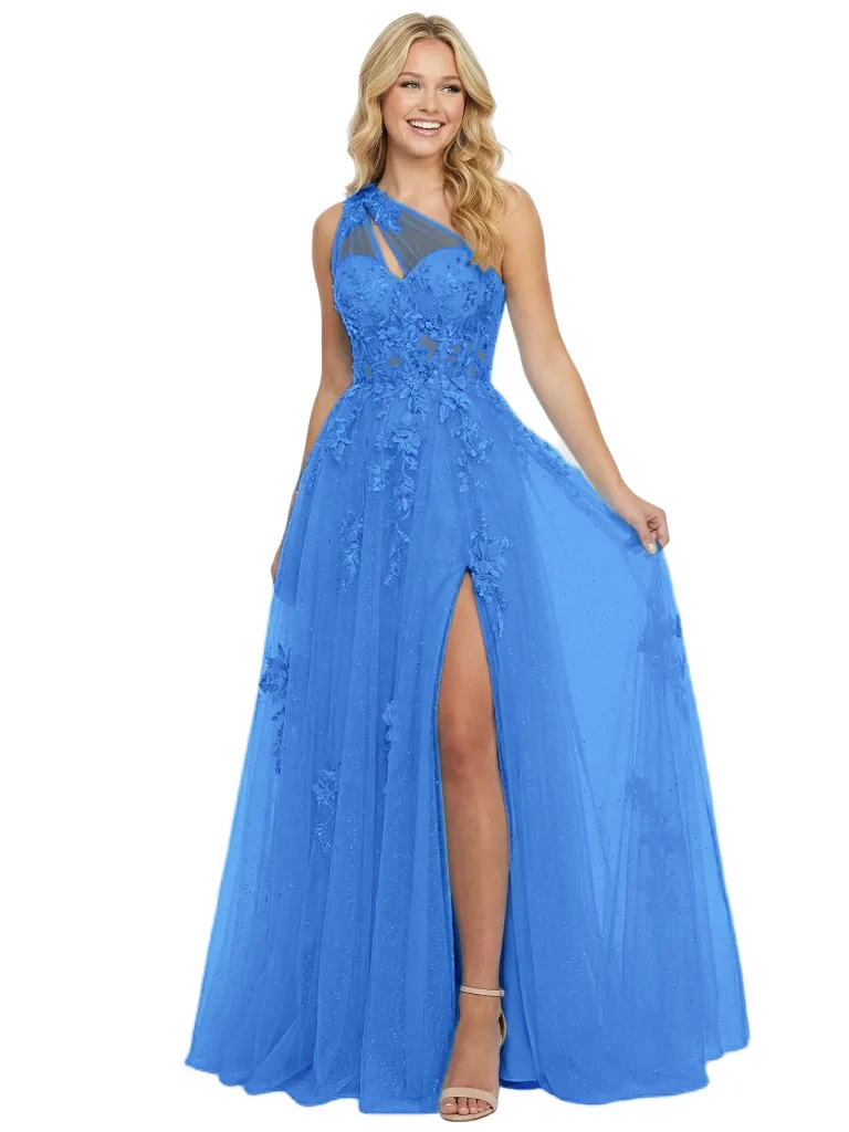 Sexy One Shoulder Sleeveless Tulle Lace Appliques Side Slit A-Line Formal Prom Dress sold by ChicSew product image thumbnail 5