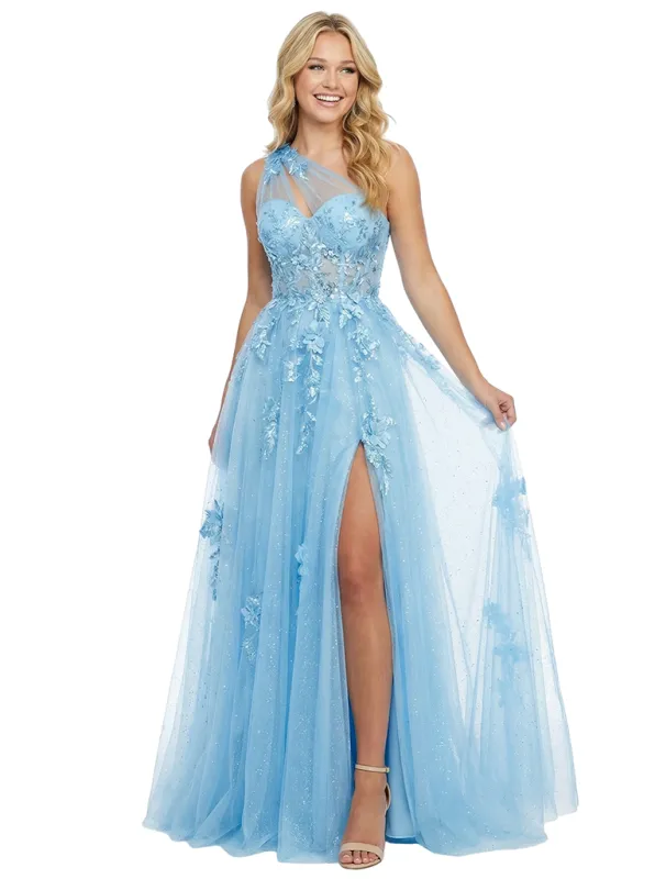 Sexy One Shoulder Sleeveless Tulle Lace Appliques Side Slit A-Line Formal Prom Dress sold by ChicSew