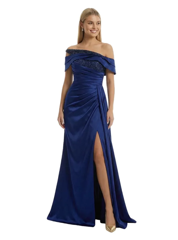 Chic Off the Shoulder Formal Evening Gown Satin Sequin Bodice Floor Length Prom Dress Side Drape sold by ChicSew