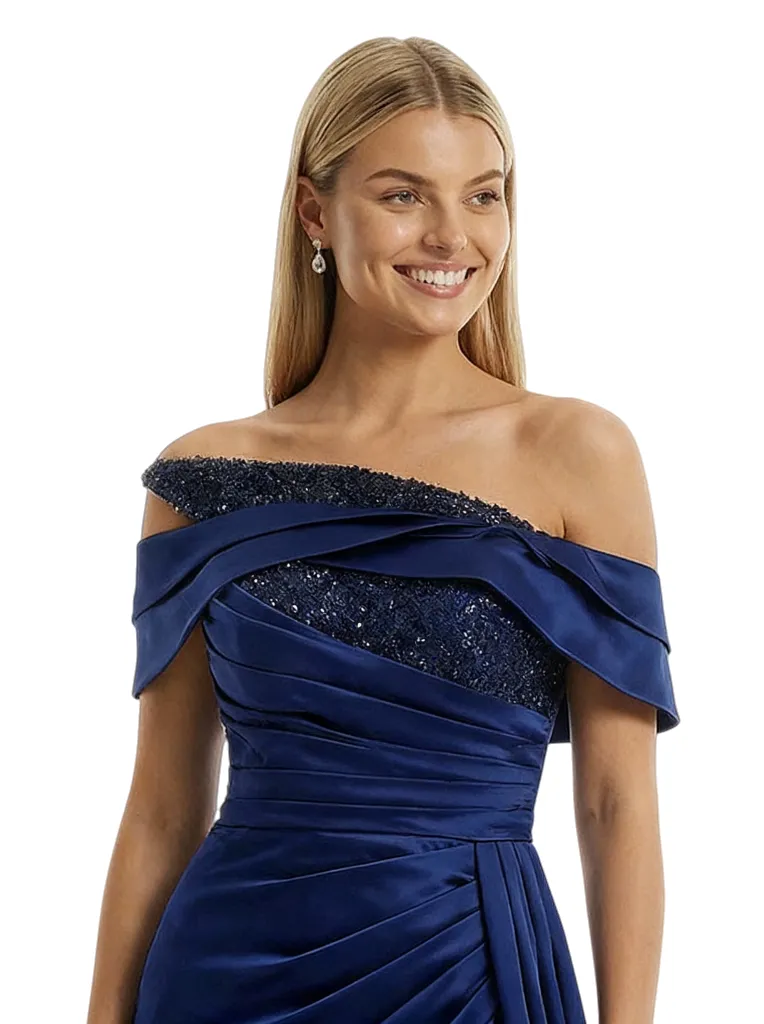Chic Off the Shoulder Formal Evening Gown Satin Sequin Bodice Floor Length Prom Dress Side Drape sold by ChicSew product image thumbnail 2