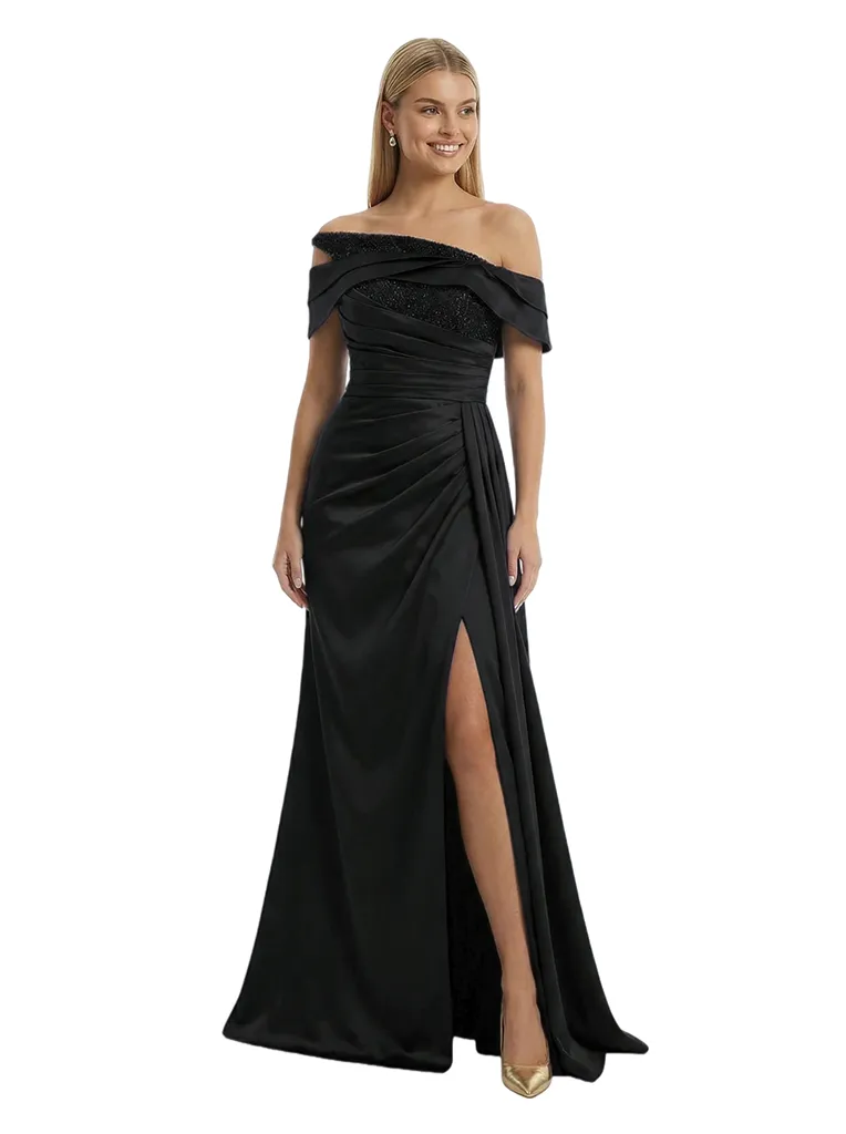 Chic Off the Shoulder Formal Evening Gown Satin Sequin Bodice Floor Length Prom Dress Side Drape sold by ChicSew product image thumbnail 4