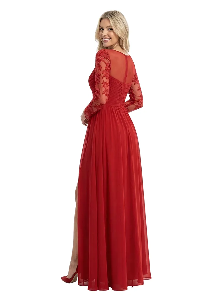 Elegant V-Neck Side Slit Long Sleeves Ruched A-Line Chiffon Formal Prom Dress sold by ChicSew product image thumbnail 3