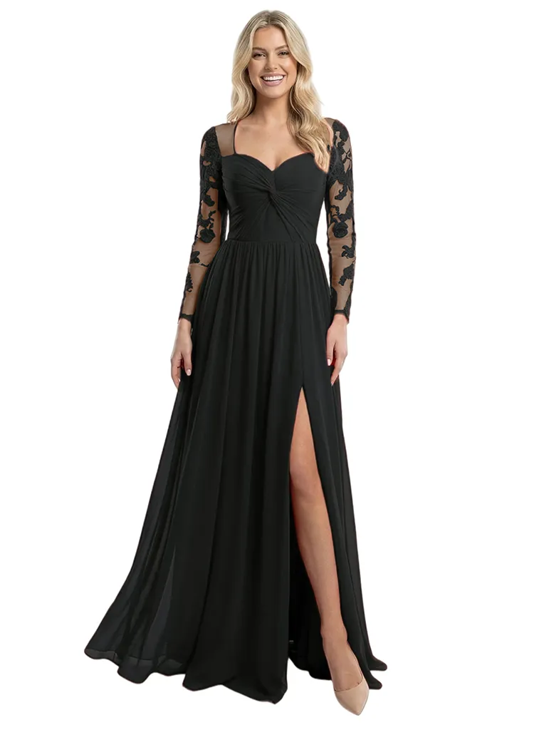 Elegant V-Neck Side Slit Long Sleeves Ruched A-Line Chiffon Formal Prom Dress sold by ChicSew product image thumbnail 4