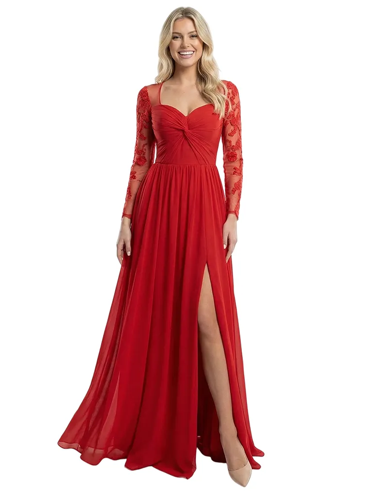 Elegant V-Neck Side Slit Long Sleeves Ruched A-Line Chiffon Formal Prom Dress sold by ChicSew