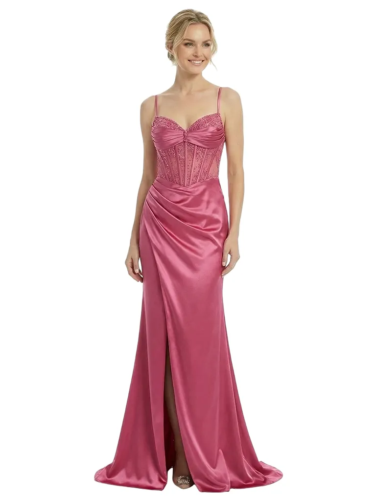 Beautiful Spaghetti Straps V-Neck Corset Lace Side Slit Mermaid Maxi Prom Gown sold by ChicSew