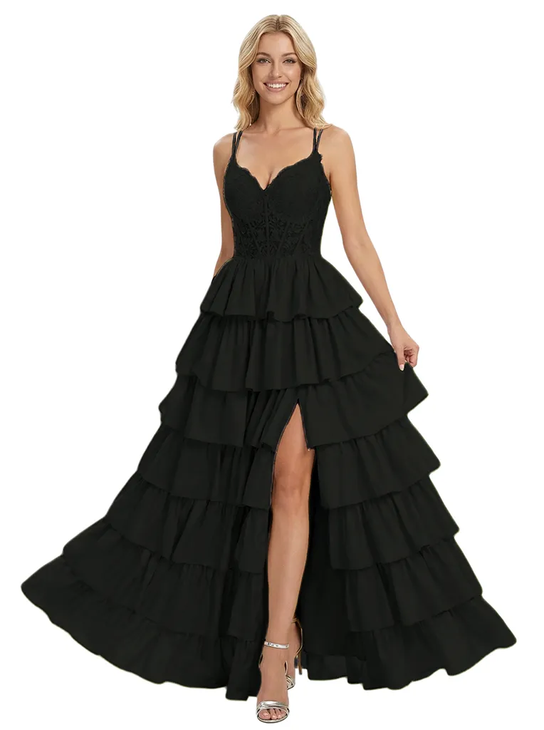 Unique V-Neck Ruffle Skirt A-Line Formal Gown Floor-Length Prom Dress Side Slit Spaghetti Straps sold by ChicSew product image thumbnail 4