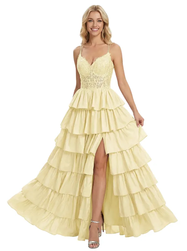 Unique  V-Neck Ruffle Skirt A-Line Formal Gown Floor-Length Prom Dress Side Slit Spaghetti Straps sold by ChicSew