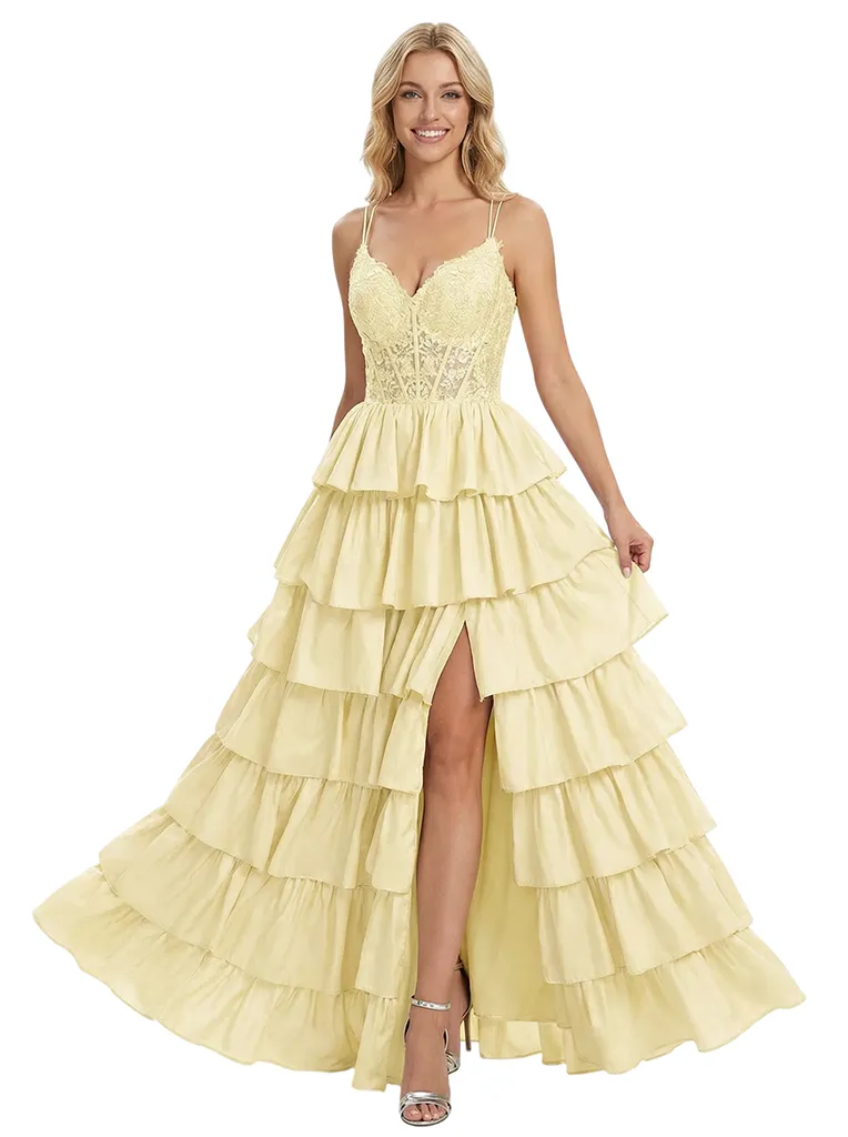 Unique V-Neck Ruffle Skirt A-Line Formal Gown Floor-Length Prom Dress Side Slit Spaghetti Straps sold by ChicSew
