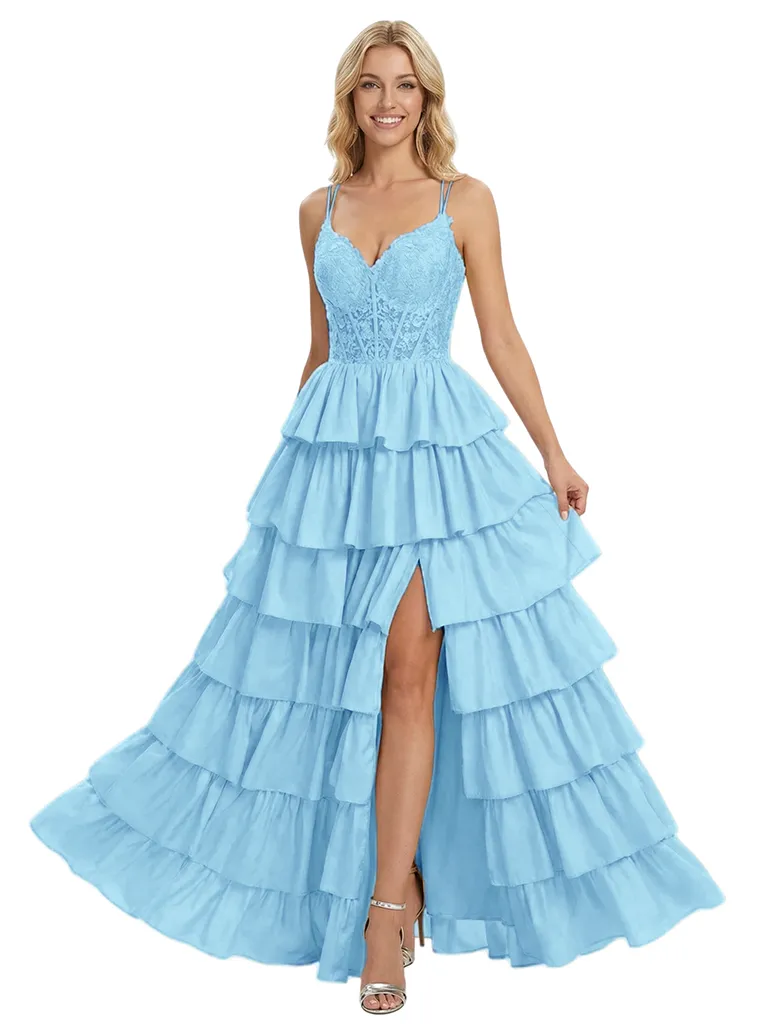 Unique V-Neck Ruffle Skirt A-Line Formal Gown Floor-Length Prom Dress Side Slit Spaghetti Straps sold by ChicSew product image thumbnail 5