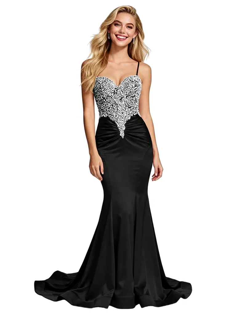 Stunning Beaded Satin Prom Gown Unique Mermaid Long Dress Spaghetti Straps sold by ChicSew product image thumbnail 4