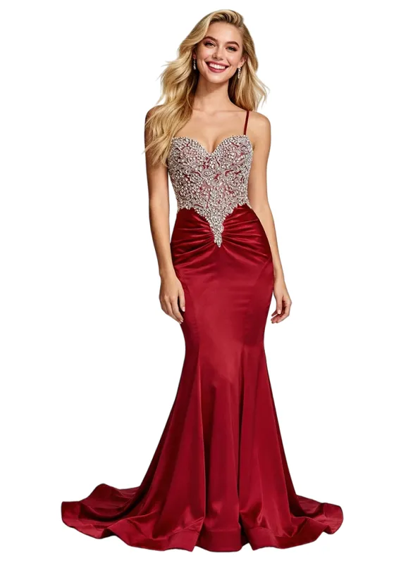 Stunning Beaded Satin Prom Gown Unique Mermaid Long Dress Spaghetti Straps made by ChicSew