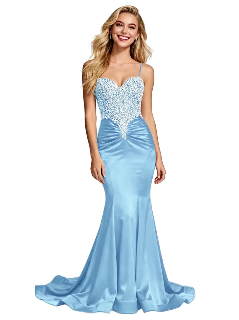 Stunning Beaded Satin Prom Gown Unique Mermaid Long Dress Spaghetti Straps sold by ChicSew product image thumbnail 5