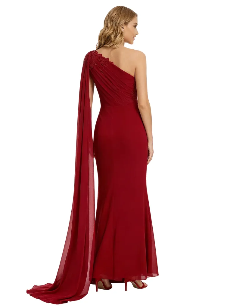Elegant One Shoulder Formal Evening Gown Lace Chiffon Mermaid Floor Length Prom Dress sold by ChicSew product image thumbnail 3