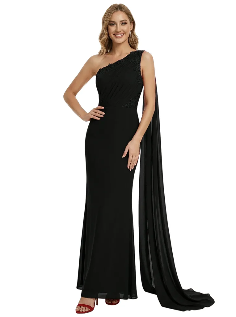 Elegant One Shoulder Formal Evening Gown Lace Chiffon Mermaid Floor Length Prom Dress sold by ChicSew product image thumbnail 4